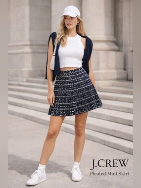 J.Crew Pleated Mini Skirt Blue Geometric Print Lined Size 4 Tenniscore Y2K
